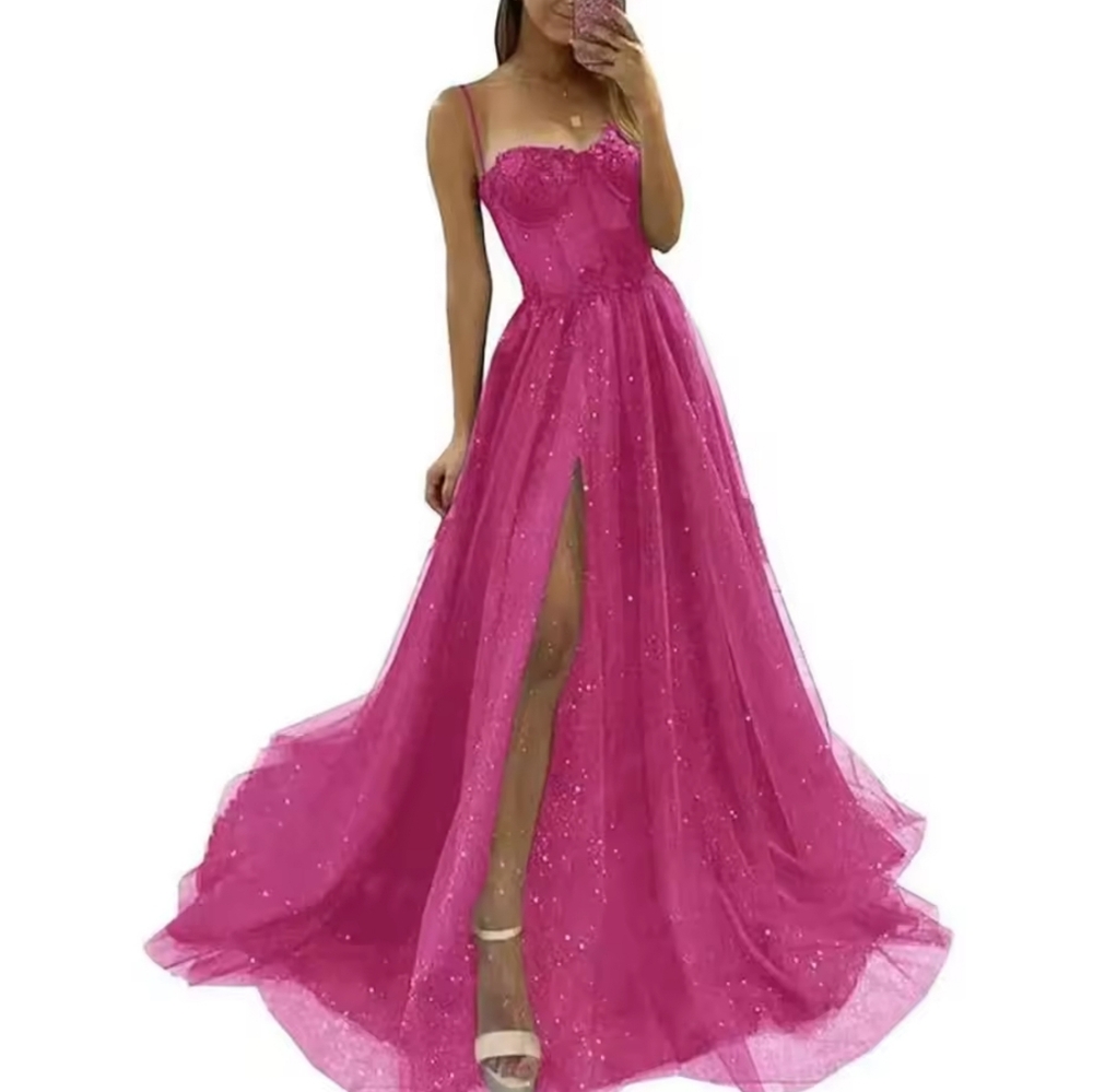 Lace Tulle Evening Dresses Spaghetti Straps Sexy High Slit Long Formal - Picture 2 of 8